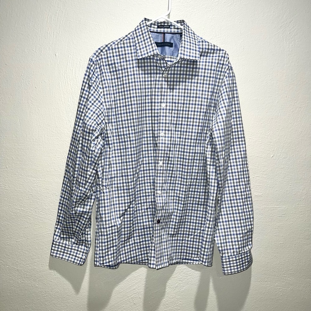Tommy Hilfiger Slim Fit Non Iron Blue Plaid Checkered Dress Shirt